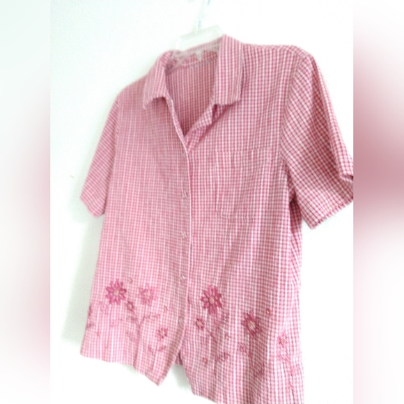 Alfred Dunner Red White Gingham Shirt Floral Embroidered Short Sleeve Medium - Picture 5 of 5